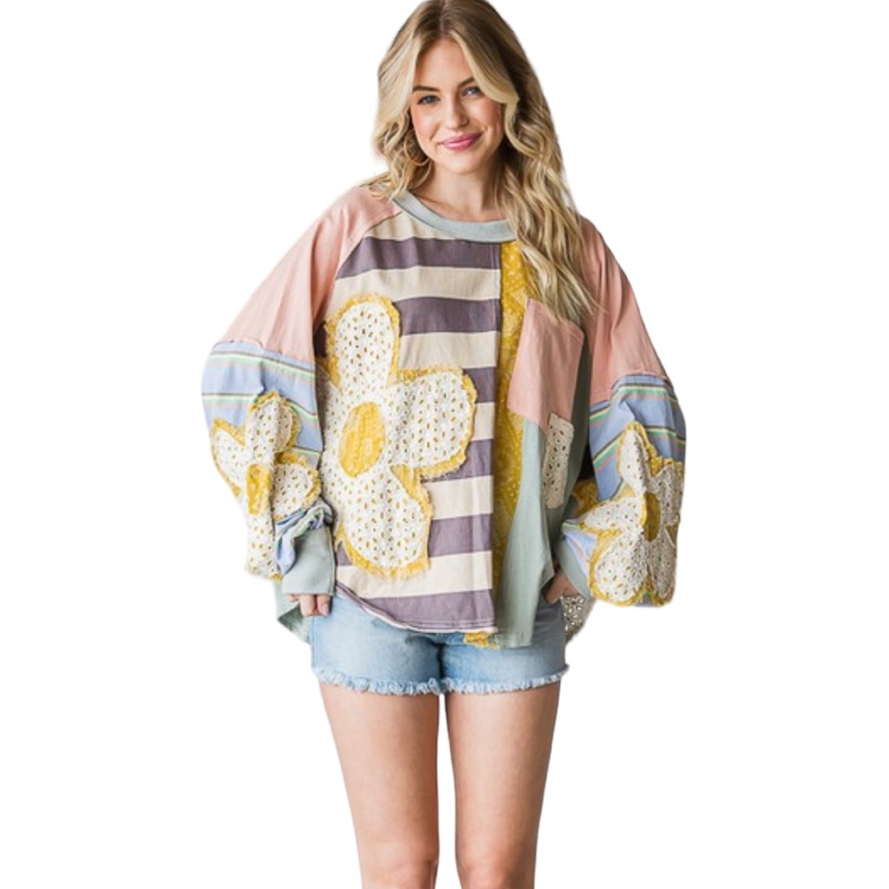 076. Women’s Daisy Multi-Color Patchwork Oversized Top - Picture 4 of 10